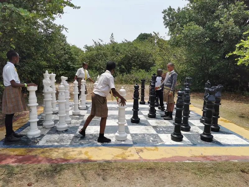 Students playing giant chess outdoors